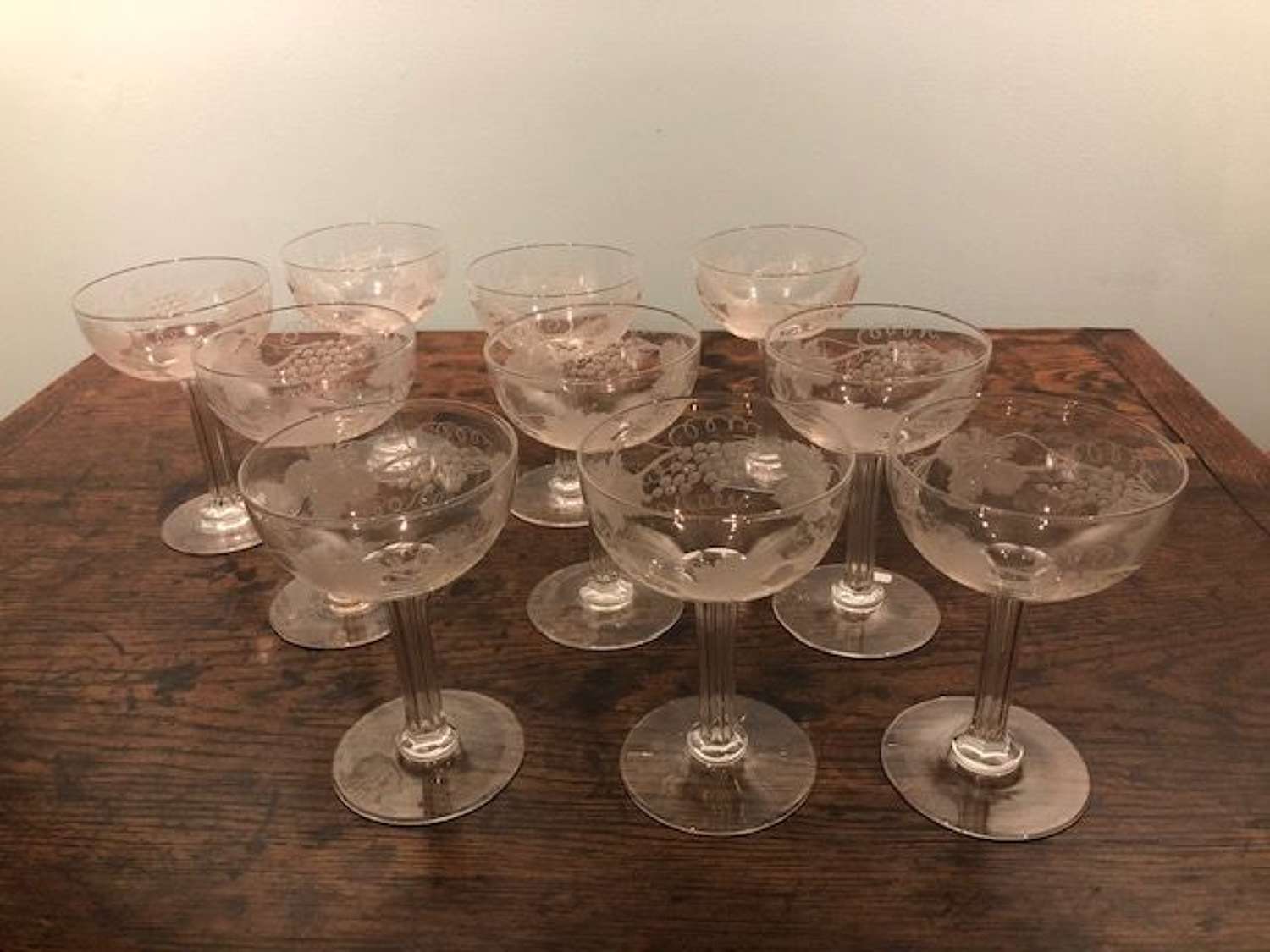 Set of 10 x 19th hollow stem engraved champagne coupes