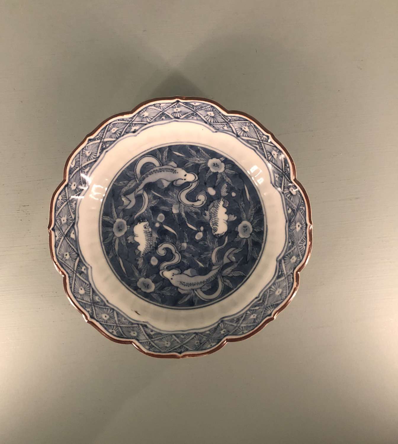 Mid 18th c. Japanese blue and white dish with fish motifs