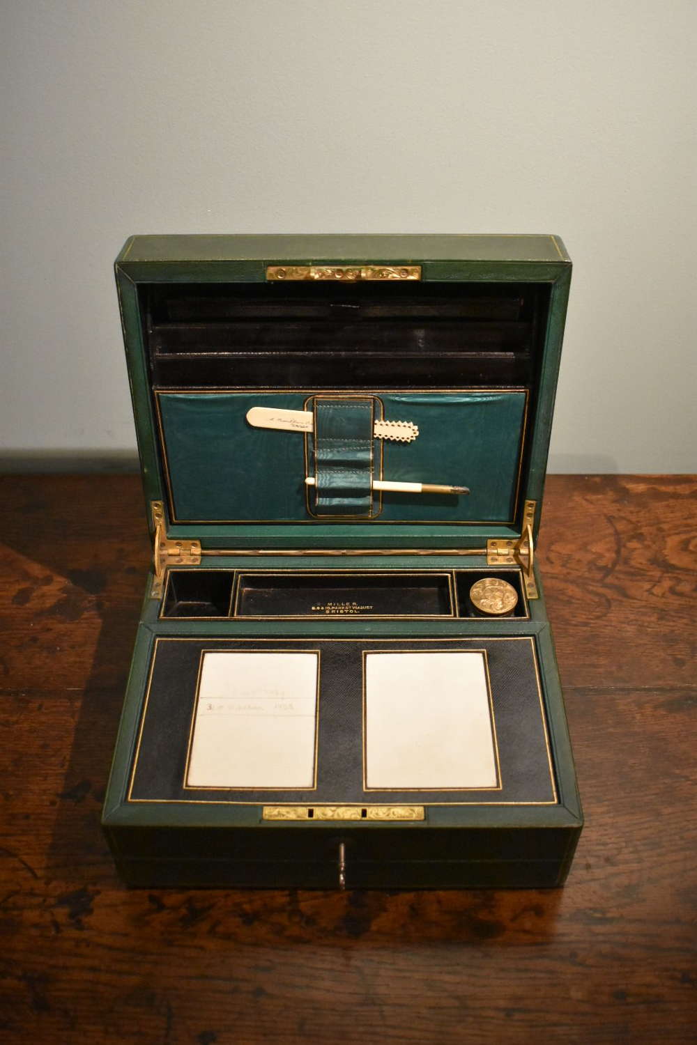 19th century Green Leather Writing Box by Miller, Bristol