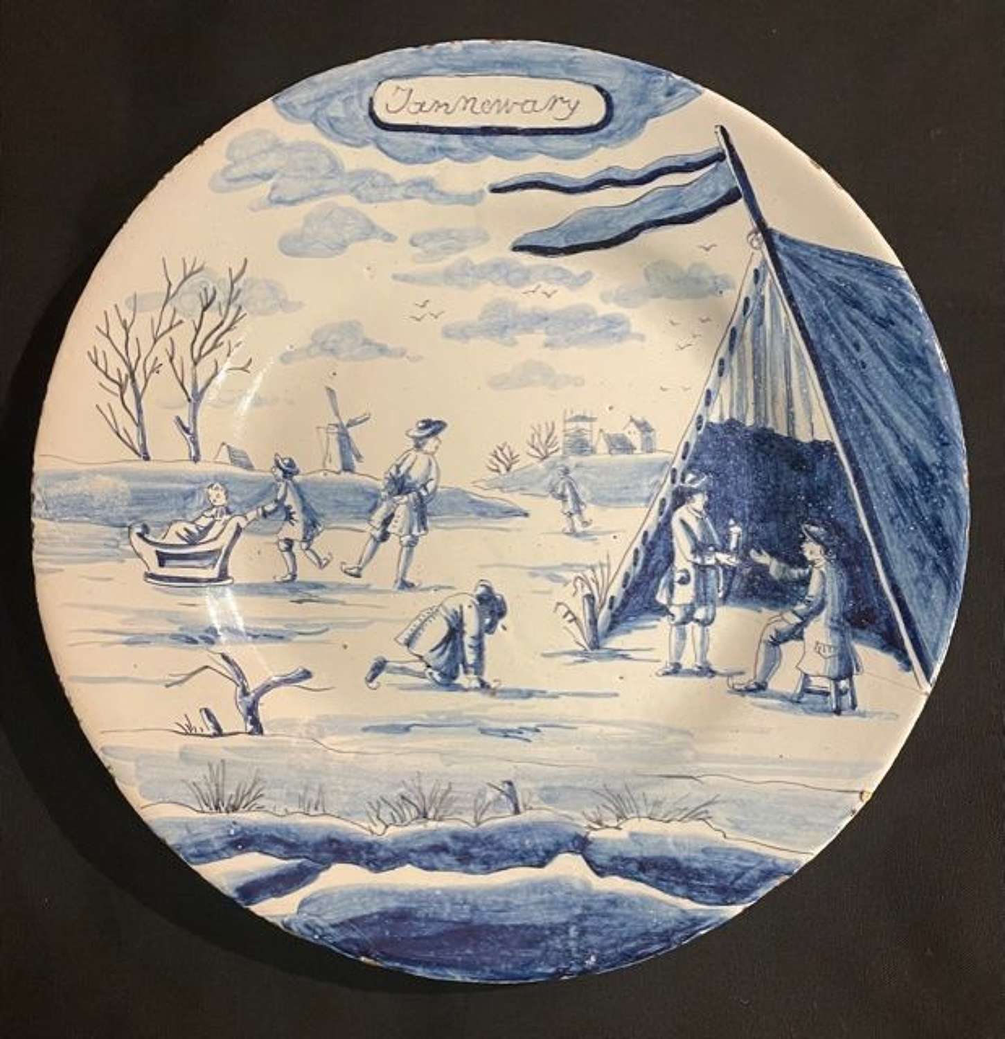 18th c. Dutch Delft blue and white Calendar Plate - 'Jannewary'
