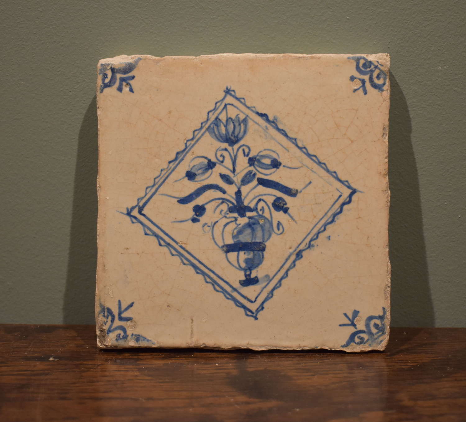 17th c. Dutch Delft tile with Vase of Flowers