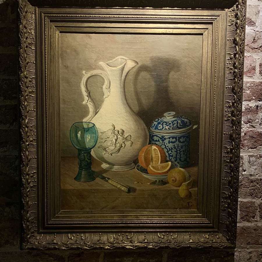 19th century framed oil painting - Still Life with ceramics and glass